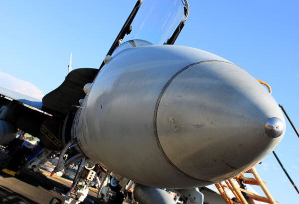 Fighter jet nose cone showcasing advanced military aircraft design, relevant to Department of Defense budget discussions and defense contractor initiatives.